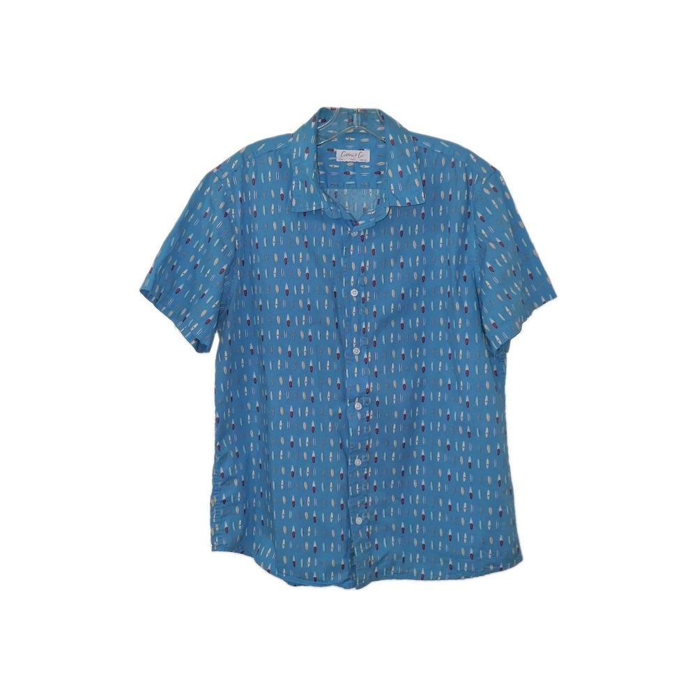 Cotton & Co Mens L Surf Print Shirt Blue Short Sleeve Button Beach Hawaii Retro
